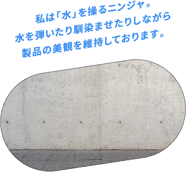私は「水」を操るニンジャ。水を弾いたり馴染ませたりしながら製品の美観を維持しております。